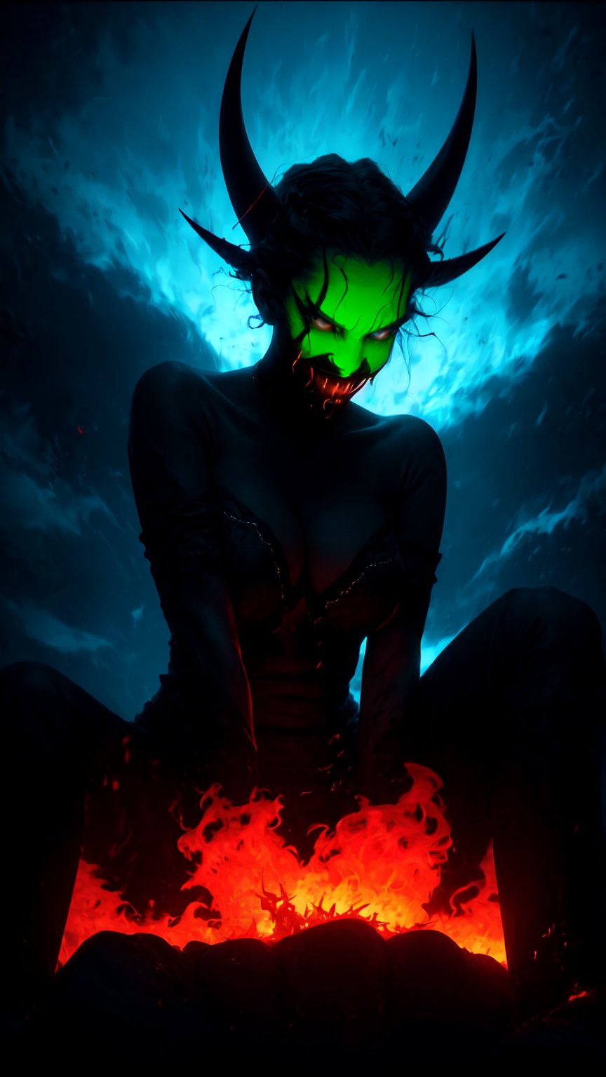 In a dimly lit, darkened room, an exquisite woman sits majestically in high definition, her features ultra-detailed and rendered in stunning high resolution. Her eyes, like empty vessels, gaze directly at the viewer with a subtle hint of mischief through a little smile. The black sclera adds depth to her mysterious expression. Against the backdrop of swirling CLOUDS, RED FIRE, GREEN FIRE, BLUE FIRE, and PURPLE FLAME dance in the air, as if summoned by her epic presence. This masterpiece is a testament to Epicrealism's mastery of the surreal and fantastical.