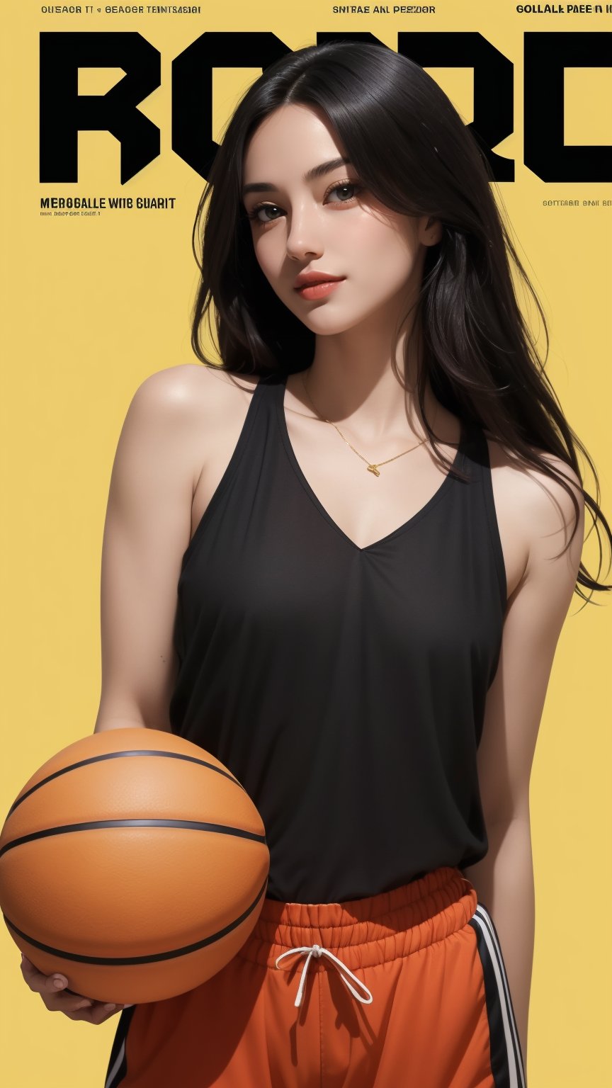 Against a warm, golden background, a stunning young woman with long black hair and confident gaze proudly holds a basketball in one hand. She wears a sleek black top, bold red shorts, and matching socks that add a pop of color to her overall look. Her bright red sneakers seem to radiate energy and enthusiasm. The ultra-realistic paper art masterpiece captures the subject's beauty and youthful spirit with meticulous detail, as if plucked straight from a basketball magazine cover or poster.,((magazine cover)) 