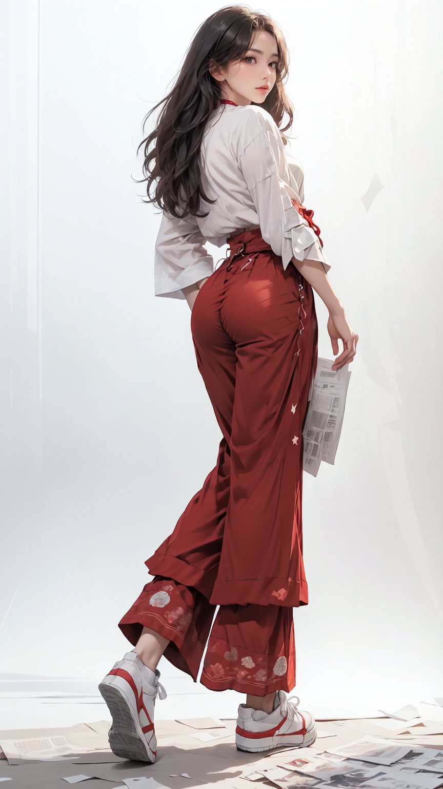 (masterpiece, realistic paper art), 1girl, solo, black long hair, (((white shirt))), (((red long layered Palazzo pants))), (((red waist obi belt))), red socks, red sneakers, Confidence and pride,1 girl ,beauty,Young beauty spirit, realistic, ultra detailed, photo shoot,newspaper_background,back looking