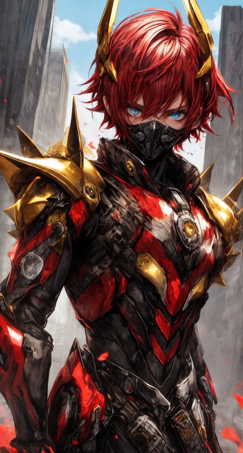 solo male, golden armor, spiky blood red hair,blue eyes,wrenchsmechs