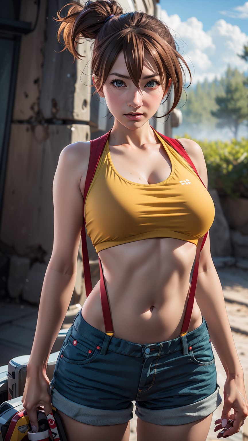 "Generate an realistic image of Misty from the popular anime series 'Pokemon', Misty stands with Savage, her brown hair flowing, and his bright red eyes winked. The scene is set against a backdrop of a lush, navel,Misty_Pokemon