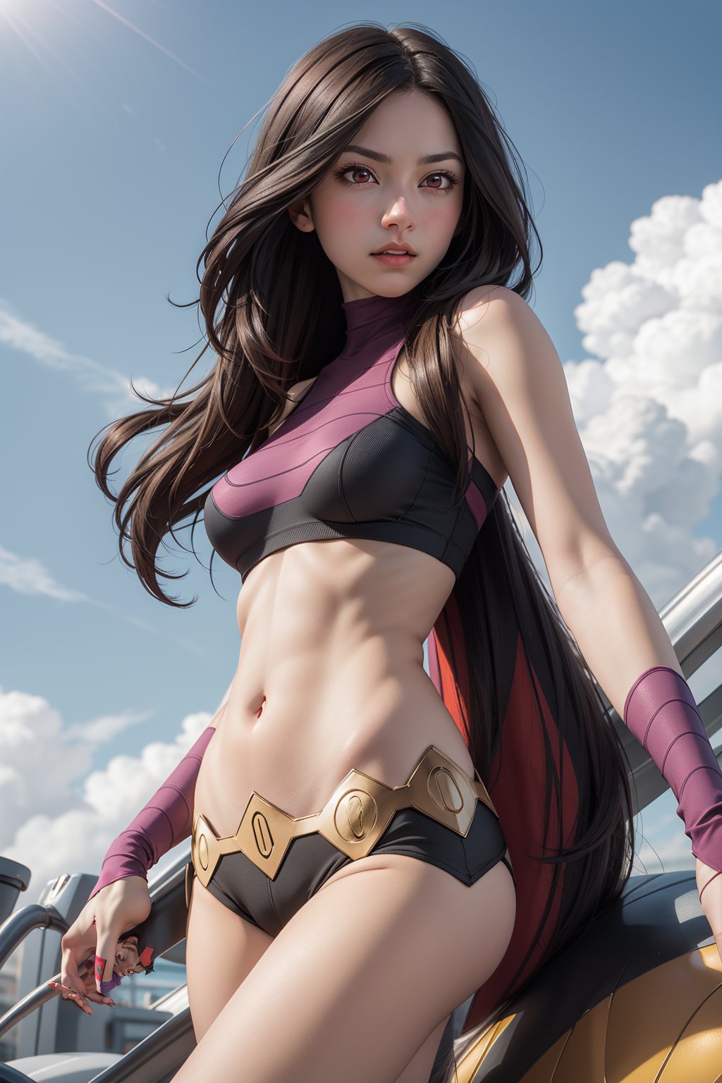 "Generate an realistic image of lucy from the popular anime series 'Pokemon', lucy stands with Savage, her brown hair flowing, and his bright red eyes winked. The scene is set against a backdrop of a lush sky, Navel, bold, sexy,lucy (pokemon)