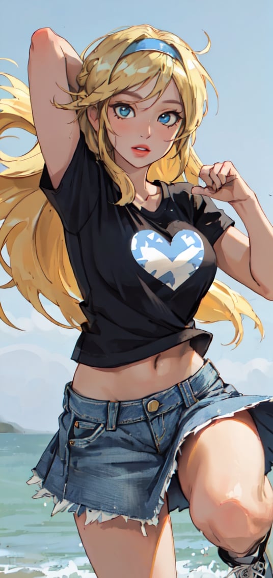 Detailed Portrait of woman with blonde hair with hair band wearing white and light blue t-shirt and denim skirt and converse, pose ,Lucy_Heartfilia