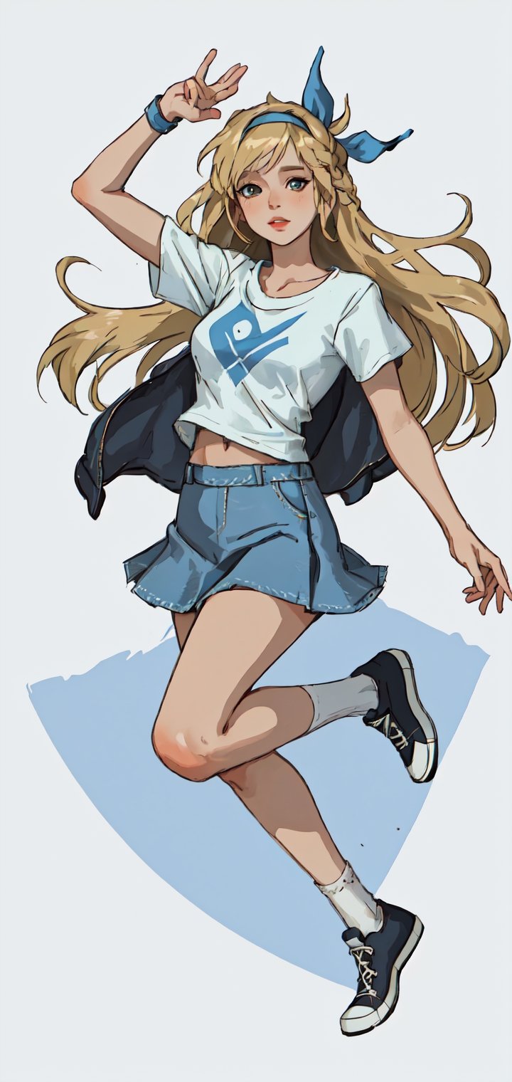 Detailed portrait of woman with medium long blonde hair and hair band wearing white and light blue t-shirt and denim skirt and converse,body pose,white background,full body