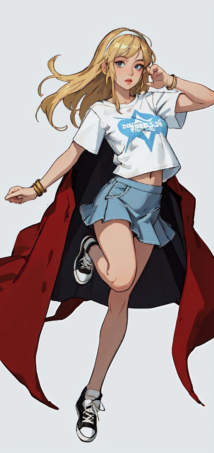 Detailed portrait of woman with medium long blonde hair and hair band wearing white and light blue t-shirt and denim skirt and converse,body pose,white background,full body