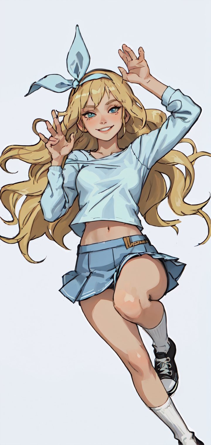 Detailed portrait of woman with wavy blonde hair and hair band wearing tight white and light blue top and denim skirt and converse,long white socks,smirking,body pose,white background,full body