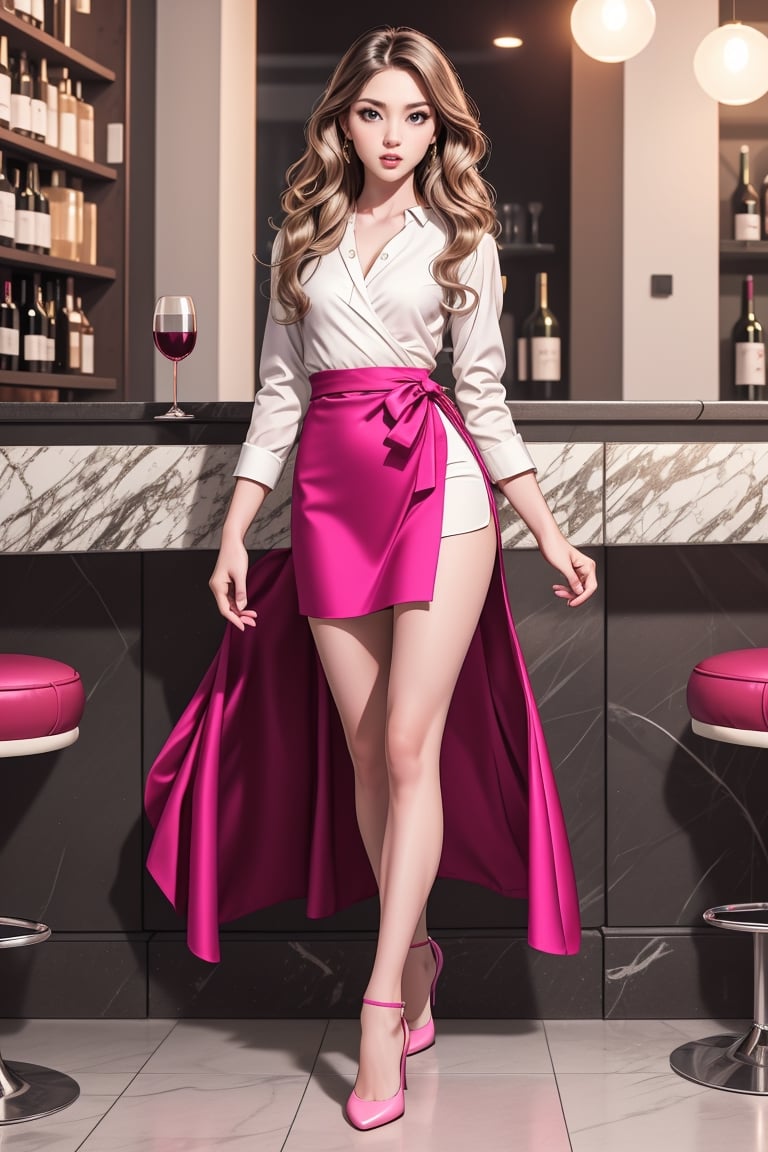 Glow pink, line art, hyper realistic, a woman, body con dress, white shirt, wrap shirt, navel, small waist, high heels, full body, long wavy hair, waitress, on the wine bar, bar, chairs, she is standing, walking, elegant, beautiful
(Masterpiece), hyper detail, 8k, best quality