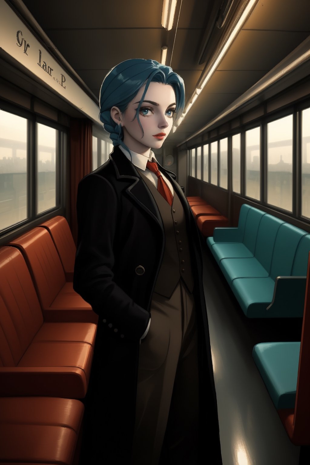 JinxKaryln, detective outfit, inside a train, steampunk, 1900's movie style, old photo color, low sat, muted color, film grain,