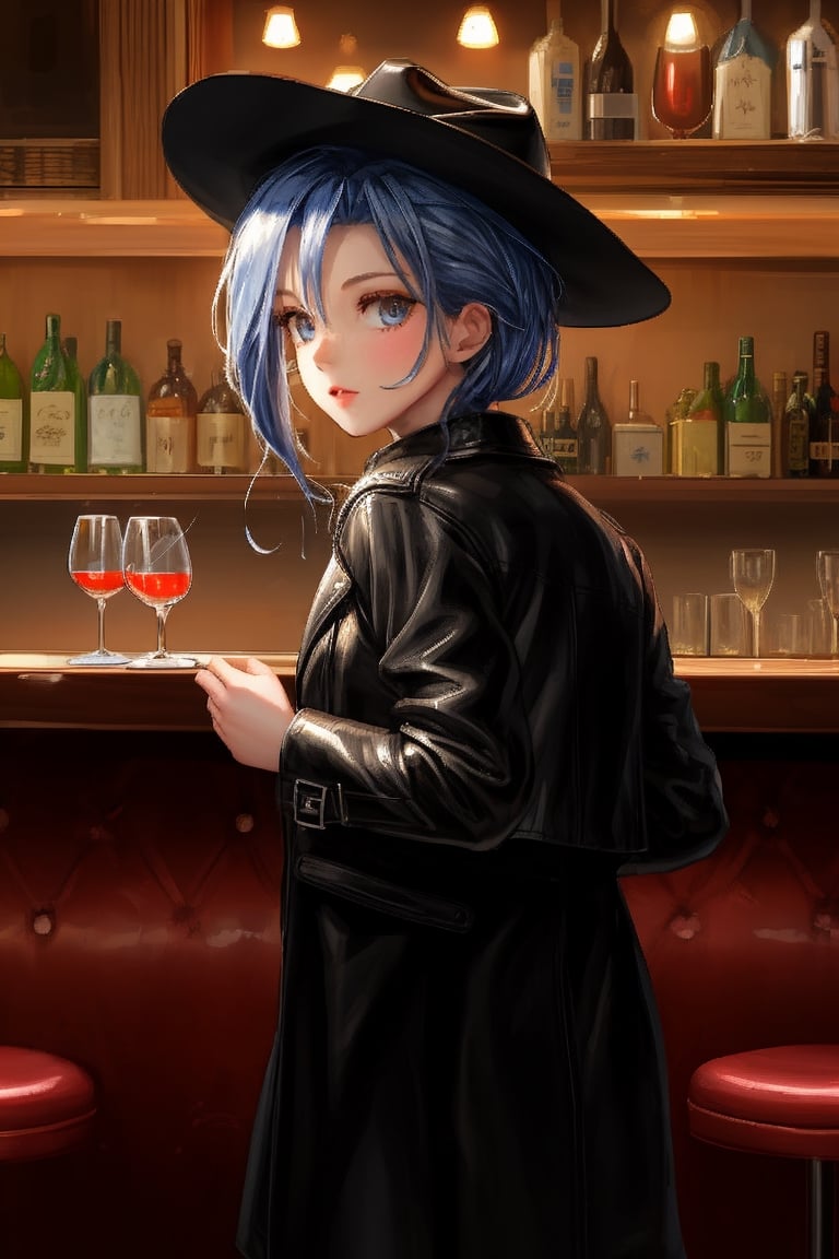 JinxKaryln, cowboy costume, short leather coat, cowboy hat, looking back, side view, stare at the viewer, sway, floating hair, wine bar, chair, bar, action theme, action movie,girl