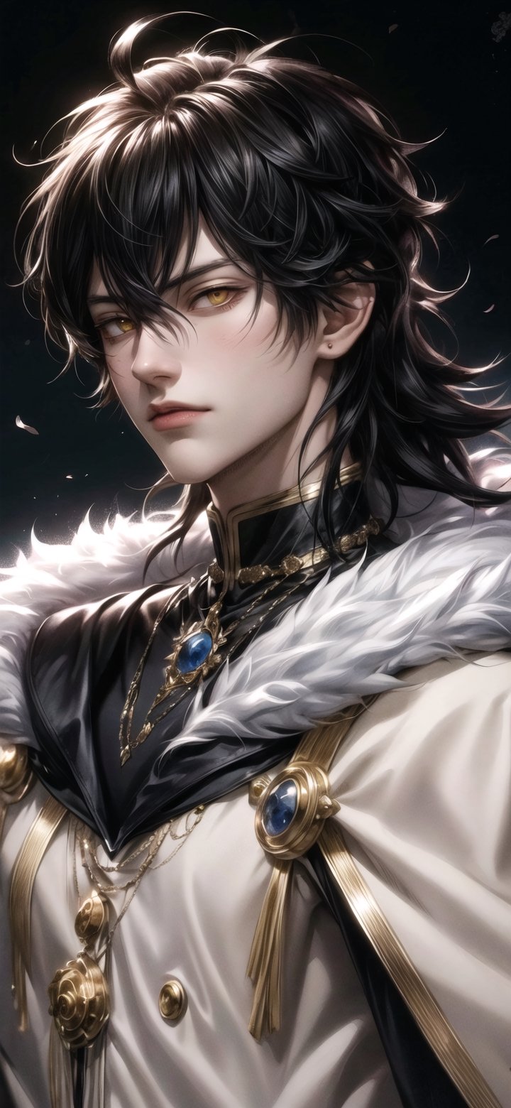 1 boy, yunu, yellow eyes, black hair, fur

(masterpiece, best quality, highres:1.3), portrait of an anime male wizard wearing a white parka
,yuno