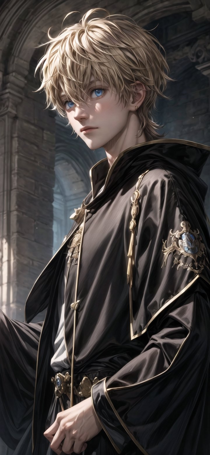 1boy, luck_voltia, blue eyes, blonde hair, upper half focus, standing up, black bull mark, black robe, (masterpiece, best quality, highres:1.3), portrait of a male wizard wearing a parka, black clothes
