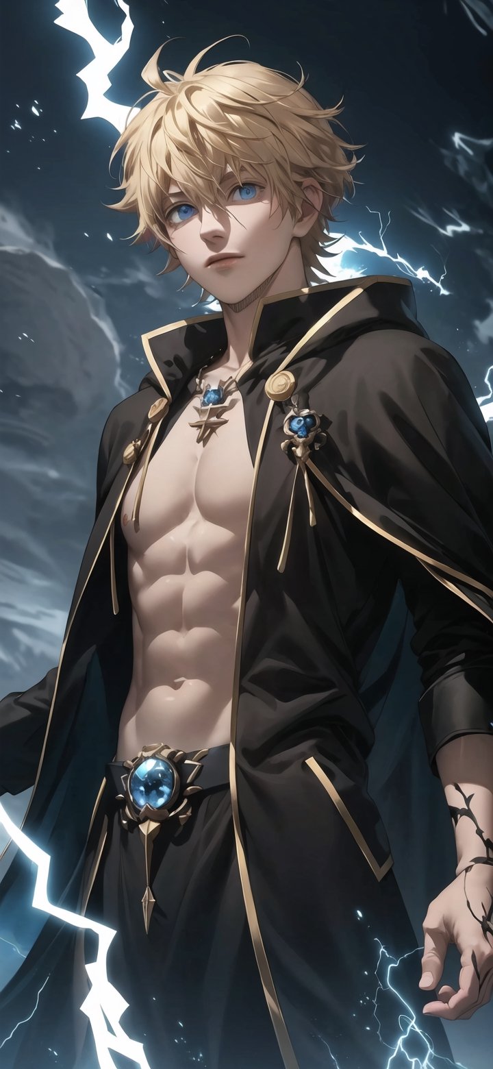 1boy, luck_voltia, blue eyes, blonde hair, upper half focus, standing up, black bull mark, black robe, electricity backgrond, Lightning background, (masterpiece, best quality, highres:1.3), anime of a Lightning male wizard wearing a parka, black clothe