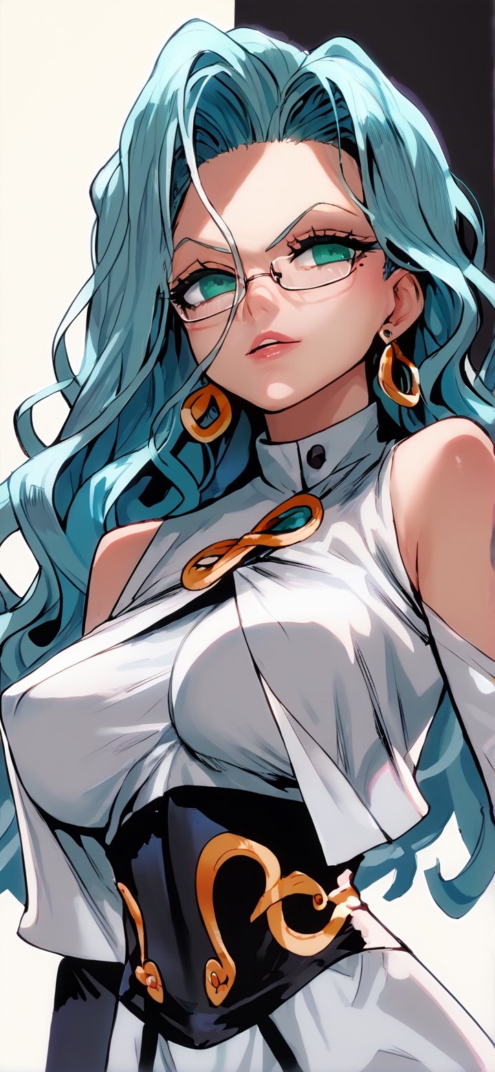 simple background , perfect hands and fingers, 1 sexy and hot girl , High detailed , Detailed face, black background, highres, score_9, score_8_up, score_7_up, psykos, cyan hair, wavy hair, very long hair, glasses, earrings, white dress, brooch, underbust, long dress, bridal gauntlets