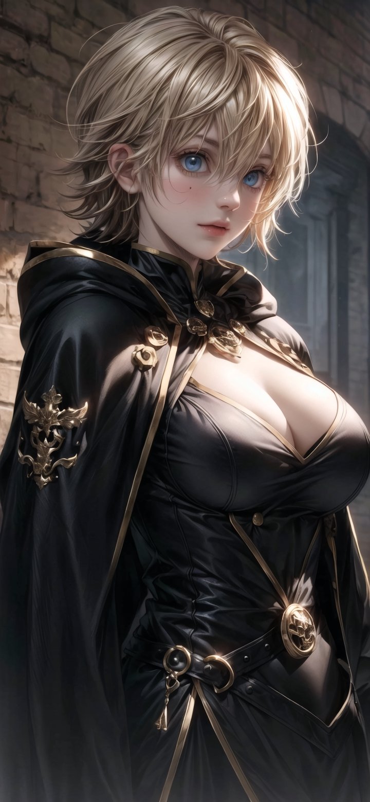 1girl, luck_voltia, blue eyes, blonde hair, upper half focus, standing up, black bull mark, black robe, (masterpiece, best quality, highres:1.3), portrait of a busty witch wearing a parka, black clothes