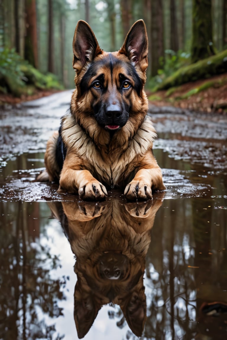 Closeup photo of a german shepherd , reflecting puddles, forest background, natural light 