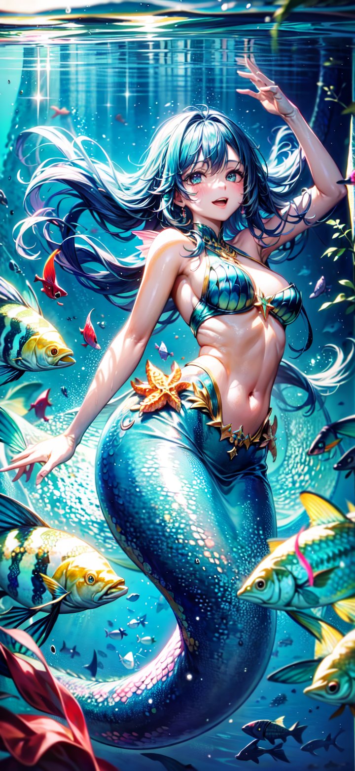 Mermaid, swimming, sea and fish background, nori