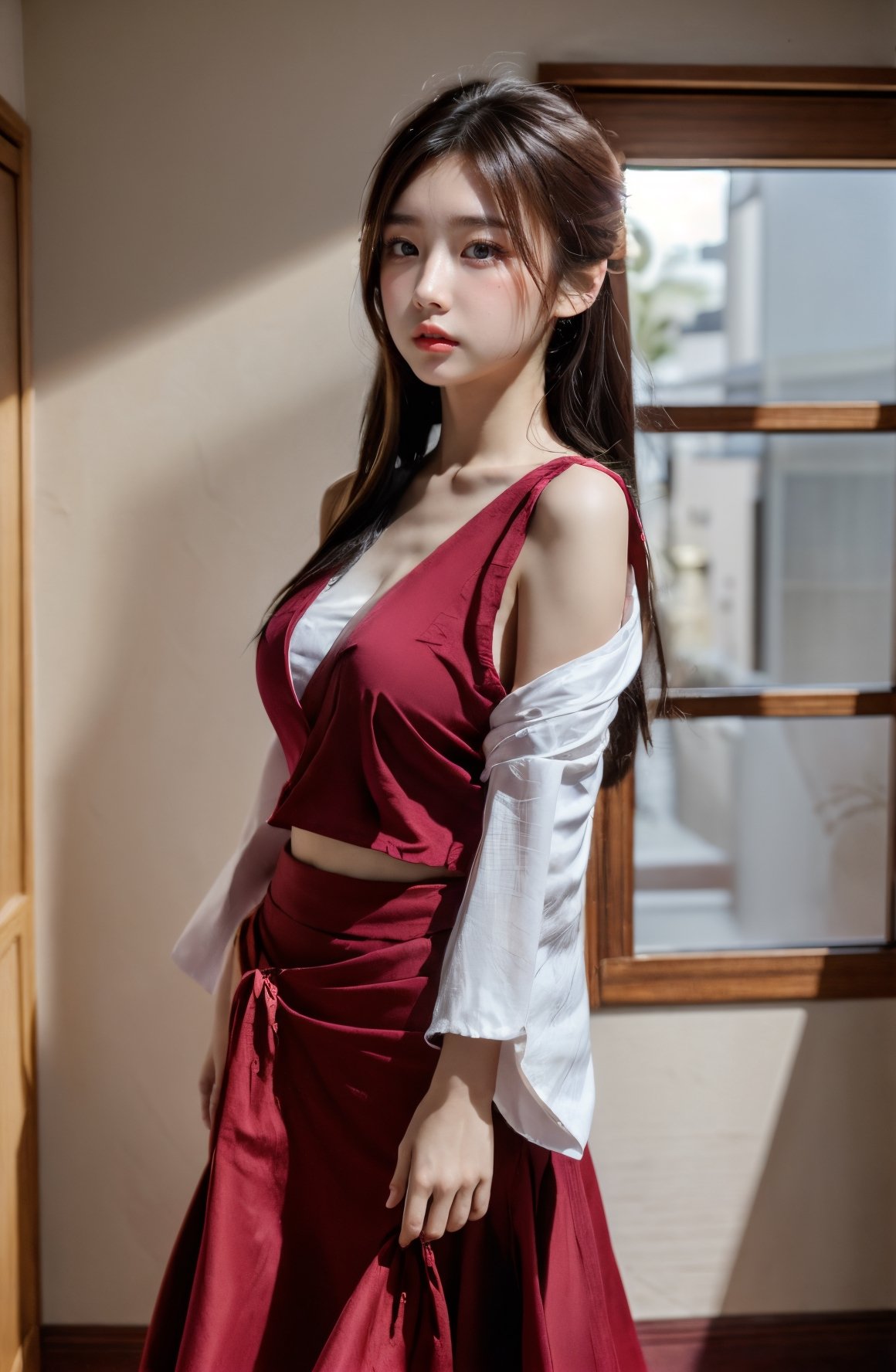 (glamour1.3) photo of a beautiful (teenage) woman with visible collarbone,  , Aesthetic,  dramatic lighting, cinematic shot, 50mm lens, rule_of_thirds, Fujicolor_Pro_Film,asian girlm naked, NSFW,windlift, black_skirt, windlift, dress, standing, underwear, panties,hakurei reimu, red hakama, red long skirt, long skirt