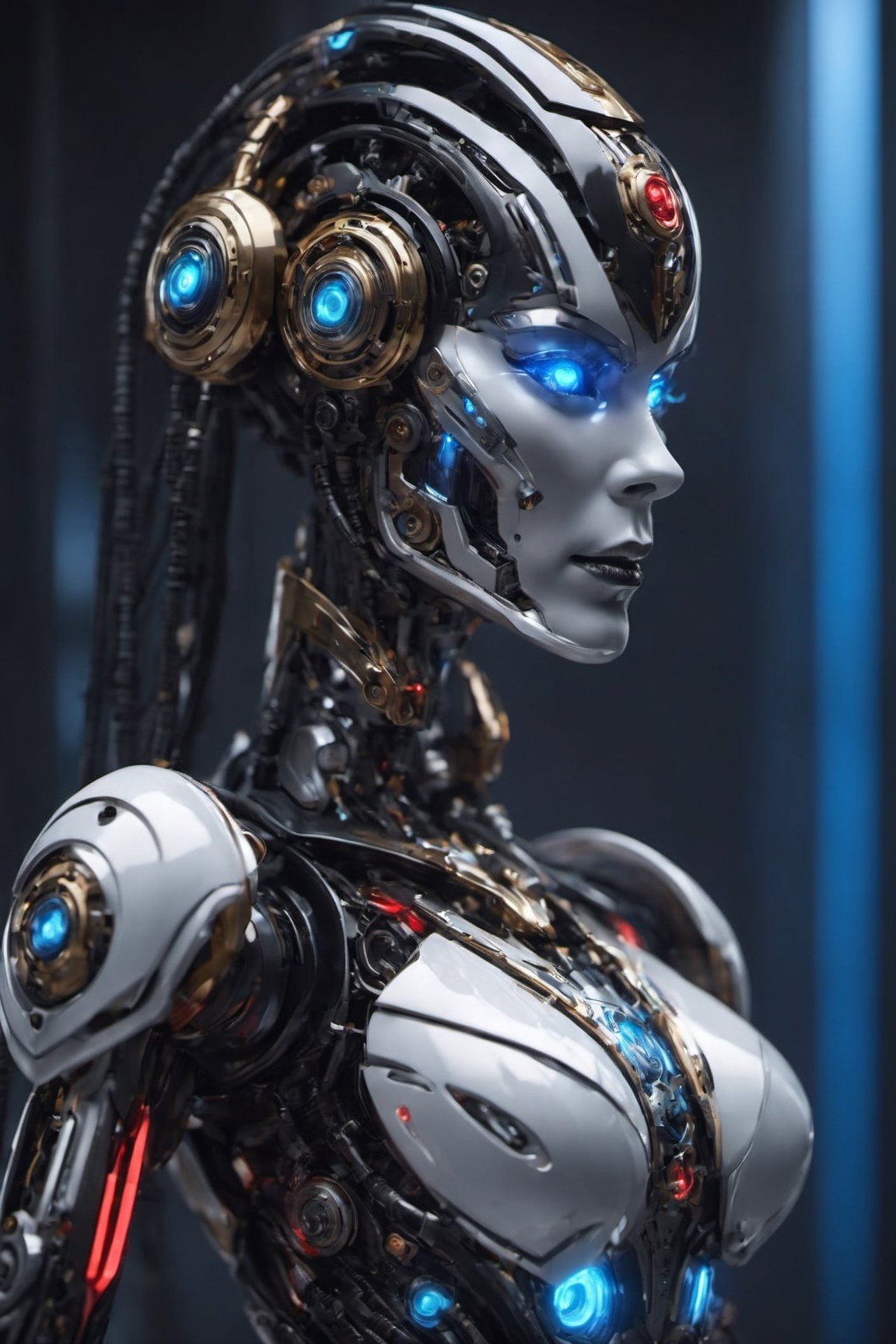 Best quality, masterpiece, ultra high res, (photorealistic:1.37), raw photo, (close up shots:1.37), (half body shots:1.38), (1girl:1.38), (hi-tech mechanical make face with blue neon light eyes:1.35), futuristic female cyborg with a tincture for her nose wearing a metral mask, white metallic body, hi-tech biometric glowing,  ((big breast size:1.35)), (black and white metallic color otherwoeldly features and cutting-edge technology:1.35), teats、cyberpunked、Ultra-shiny ultra-hard Transformers cyborg body、((neon light translucent from join:1.34)), (Storing weapons in the body:1.33)、black and red ratio ratio、face perfect, cleavage showing Superhero costume with intricate details, sensual pose, dynamic lighting, in the dark, deep shadow, low key, Tied waist、Colossal tits、(Ultra-shiny black and white colored titanium cyborg body covering the body:1.5)、((machine made joints:1.33)), ((machanical limbs)), ((mechanical cervial attaching to neck)), (wires and cables attaching to neck:1.33), (wires and cables on head:1.33), (character focus), science fiction, extreme detailed, highest detailed, perfect foot、perfect hand、Clean facial skin, A futuristic, depth of fields, reflective light, retinas, , awardwinning, hight resolution, cinematic image, (dynamic lighting to body:1.35), battelfield background, \,Movie Still,cyborg style,IMGFIX,Skull Head
