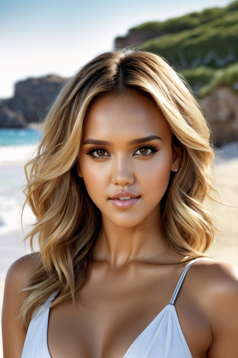 ((Jessica Alba)), Photoreal of exotic supermodels from Denmark with detailed eyes, on the beach, full body, long wavy hair: 1.2, slim body. Exotic supermodel (( Jessica Alba)) about 28 years old with full eyes, perfect face, detailed blonde hair, detailed face and body, detailed skin, (Star Wars fan fashion: 1.3) pores, cinematic, Octane rendering.