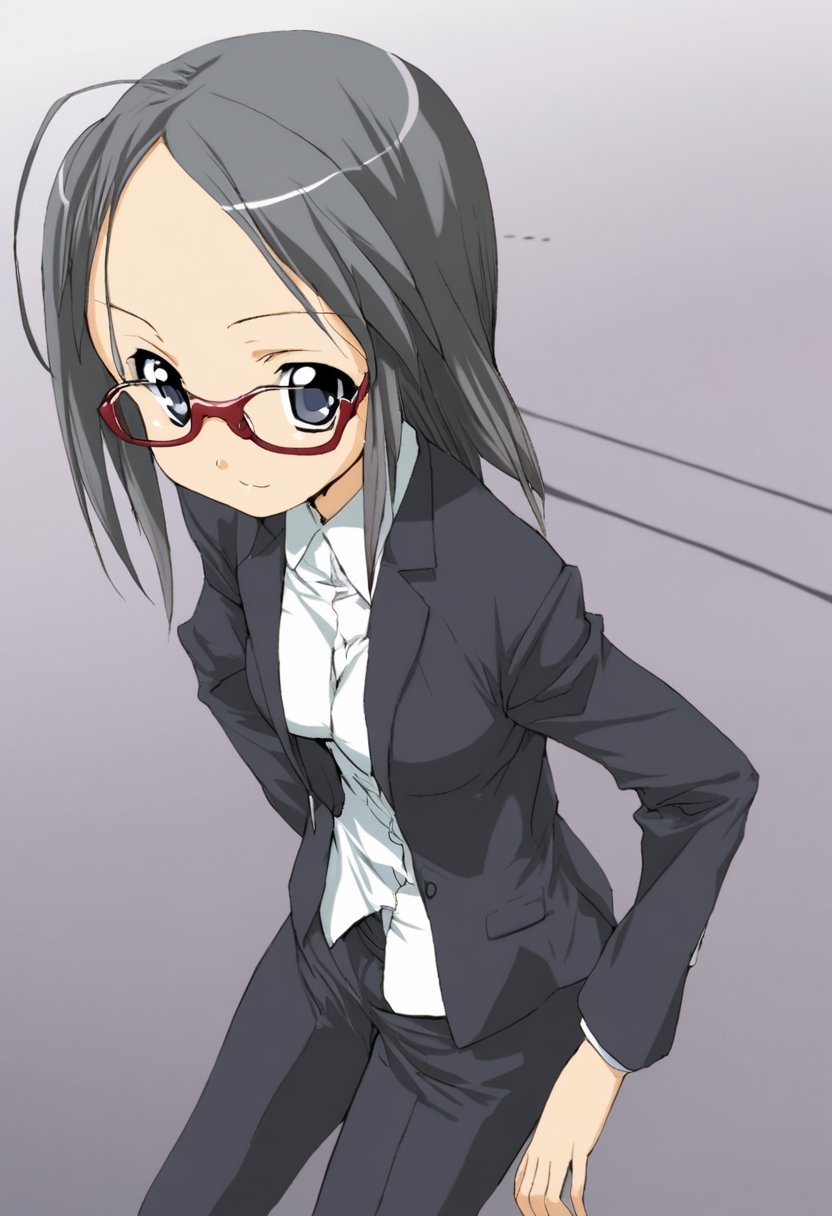 1girl,
,masterpiece, best quality, oldest,anime,

 1girl, (suit:1.3) (forehead:1.3), cute, medium breasts, , petite, , glasses,
, closed mouth smile
