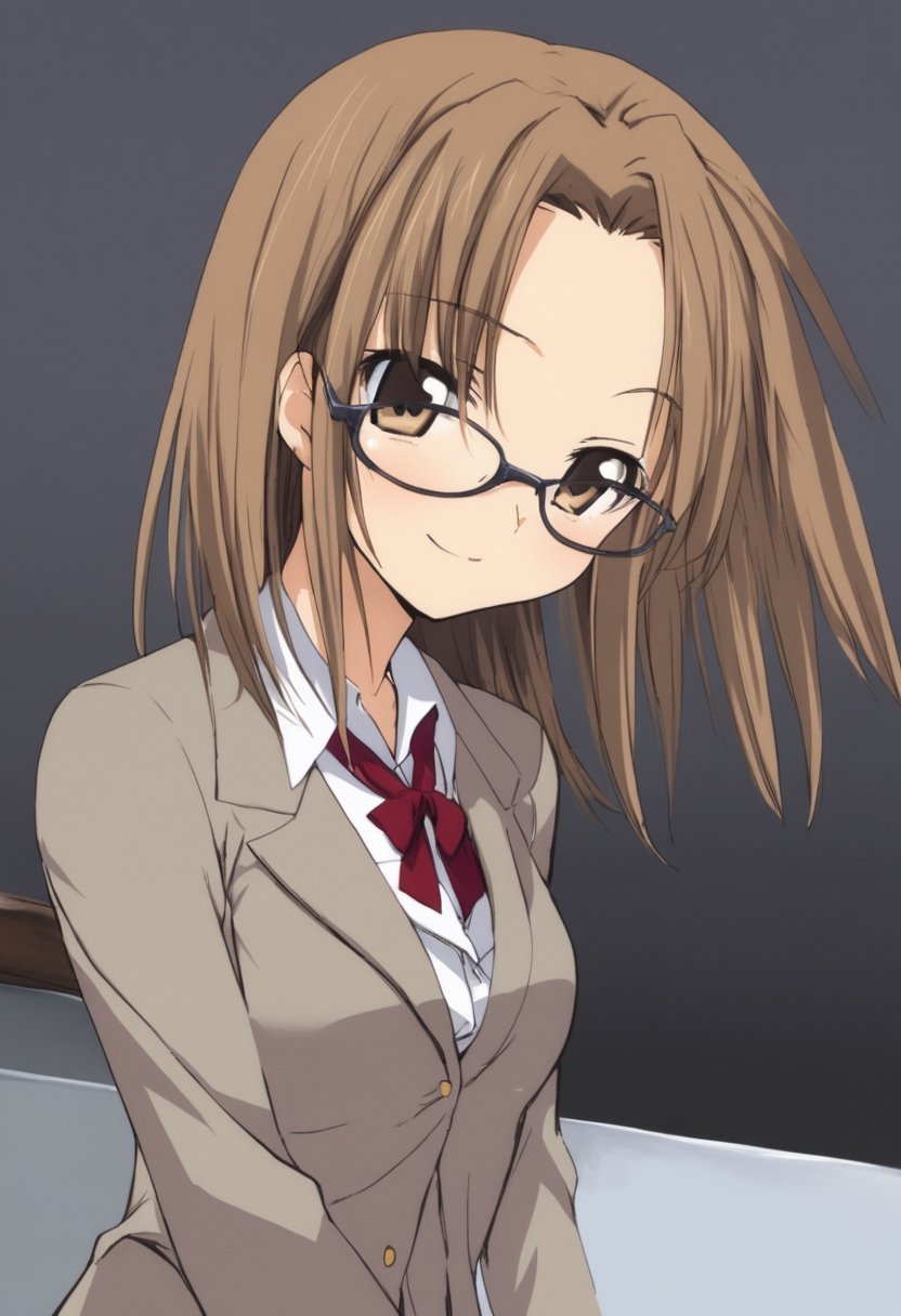 1girl,
,masterpiece, best quality, oldest,anime,

 1girl, (suit:1.3) (forehead:1.3), cute, medium breasts, , petite , glasses, closed mouth smile , brown hair,

nanase_aoi