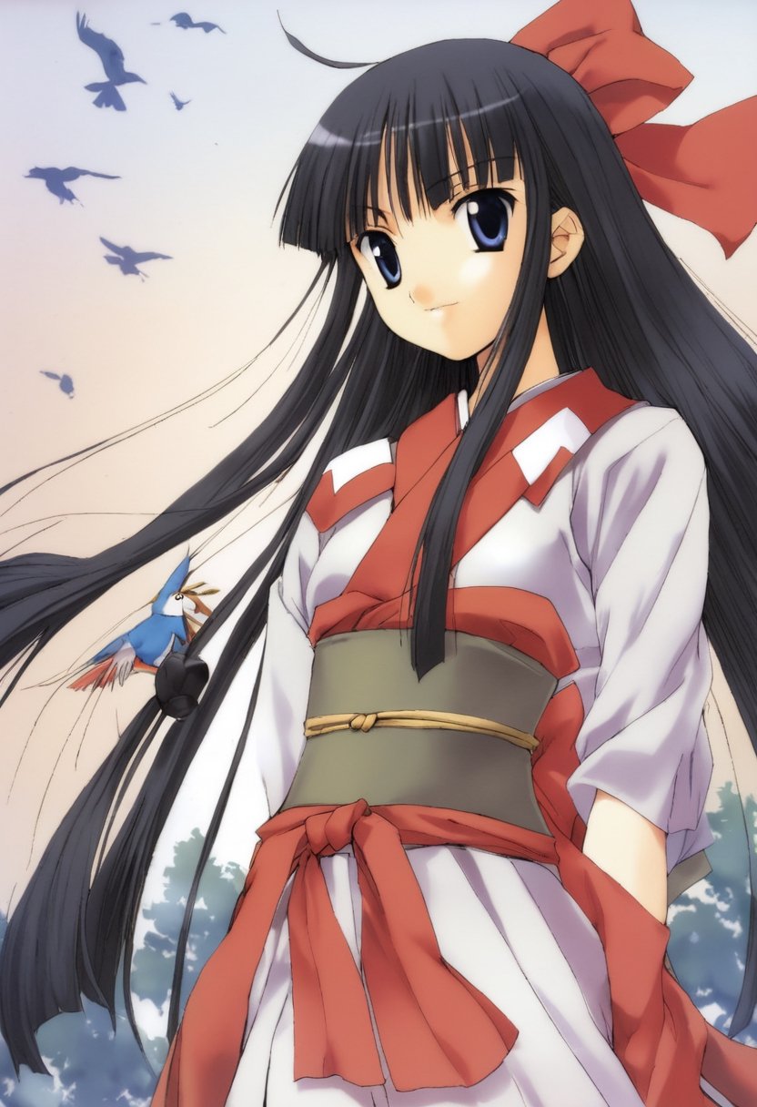 1girl,nakoruru, samurai spirits,masterpiece, best quality, oldest,anime,(smile:0.7)1girl, ainu clothes, animal, bird, black hair, blue eyes, bow, fingerless gloves, gloves, hair bow, japanese clothes, long hair, nakoruru, obi, red bow, sash, solo, treenanase_aoi
