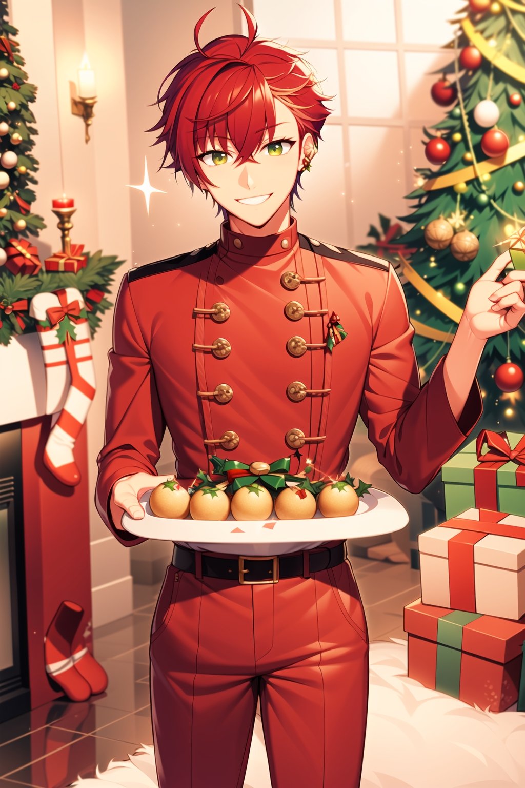 Looking at viewer, solo, male, Nico,Blue hair,Yellow eyes, Santa Claus, Christmas hat, Christmas, Christmas costume, red clothes, red pants, red hat,indoors,  smile, standing, holding christmas meal, ,Akira_Otori, red hair, green eyes, ,Red hair