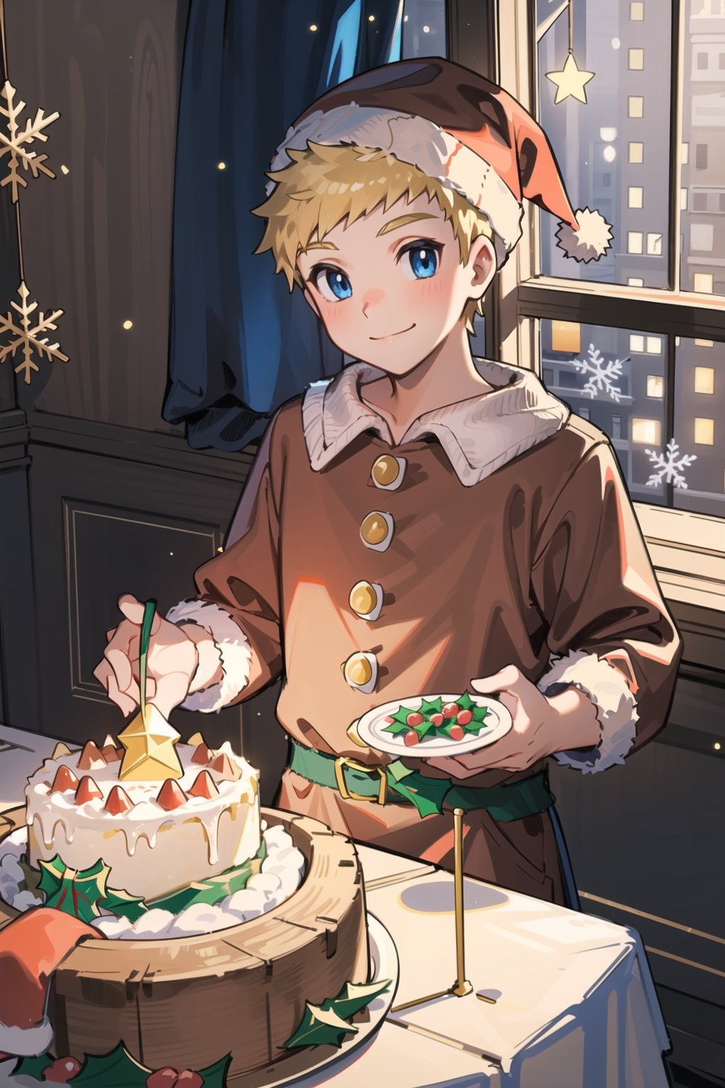 Looking at viewer, solo, male, Santa Claus, Christmas hat, Christmas, (Christmas costume:1.5), red clothes, red hat,indoors, holding cake, Christmas cake, closed mouth, smile,Flock,blonde hair,blue eyes, 