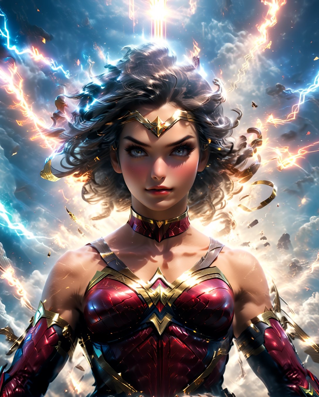 an image of an wonder women qpangel in the sky, unreal engine render + a goddess, wonder woman as a heavenly angel, unreal engine render saint seiya, goddess of light, wonder woman meditating in space, infinite angelic wings, tron angel, wings made of light, angelic wings on her back, square enix cinematic art, tall female devil, wonder woman as an devil, variant poses, ,detailmaster2