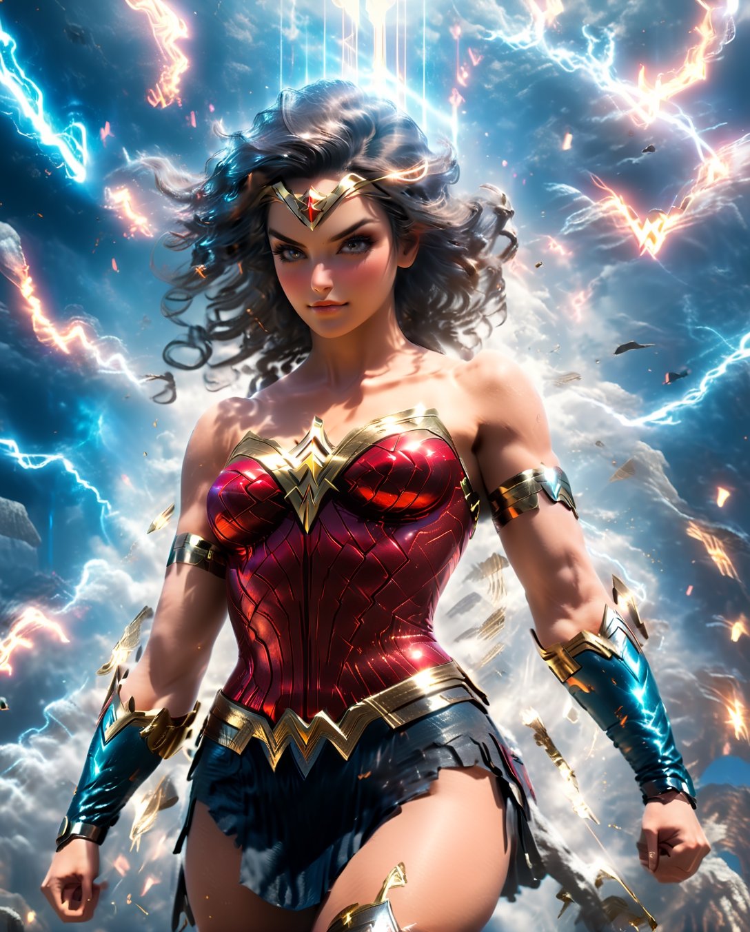 an image of an wonder women qpangel in the sky, unreal engine render + a goddess, wonder woman as a heavenly angel, unreal engine render saint seiya, goddess of light, wonder woman meditating in space, infinite angelic wings, tron angel, wings made of light, angelic wings on her back, square enix cinematic art, tall female devil, wonder woman as an devil, variant poses, ,detailmaster2