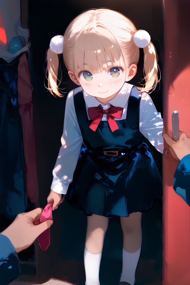 ((photorealism)),score_9,score_8_up,score_7_up,score_6_up,source_anime,shigureui-requiem,shigure ui \(vtuber\),green eyes,blonde hair,short hair,twintails,pom pom hair ornament,red bowtie,
pinafore dress,long sleeves,dress shirt,white socks,uwabaki,looking at viewer,smile,undressing,assisted exposure,light pink room,little girl's room