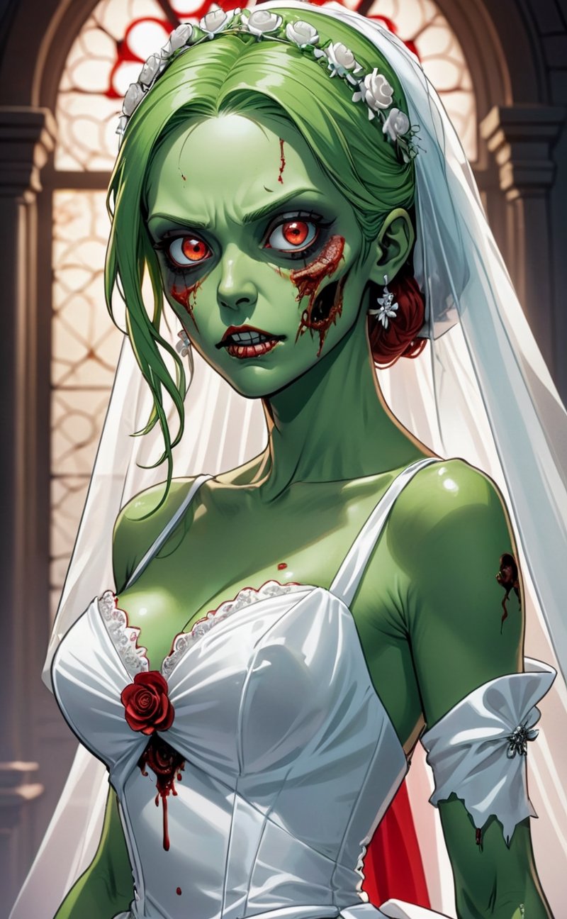 a viscious green-skinned zombie bride with red eyes wearing a white wedding dress | vividly expressive comic book art with high-definition toon-shaded cel anime aesthetics, meticulously hand-crafted 2D manual illustration, featuring striking bold black outlines for dynamic subject-background isolation.