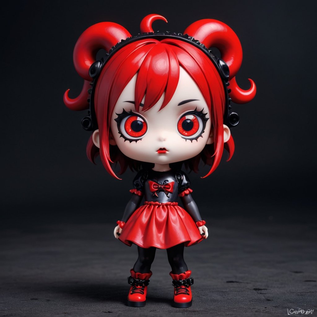 Cute red and dark creepie by Lowbrow style and ake, sharp focus, 8mm, masterpiece, 16K, UE5
