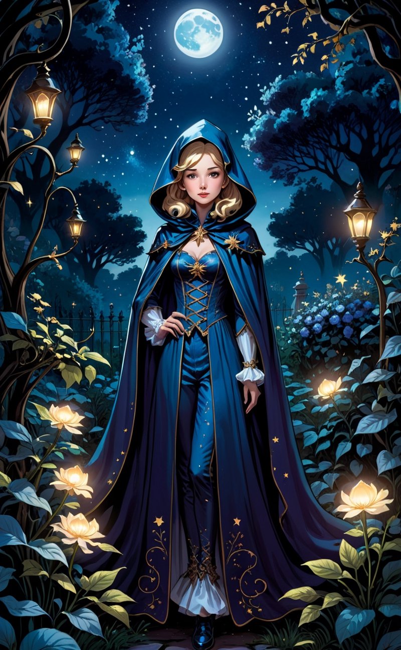 A cloaked, mysterious 2D comic book illustration featuring a starlight rococo girl in a dark, moonlit garden.