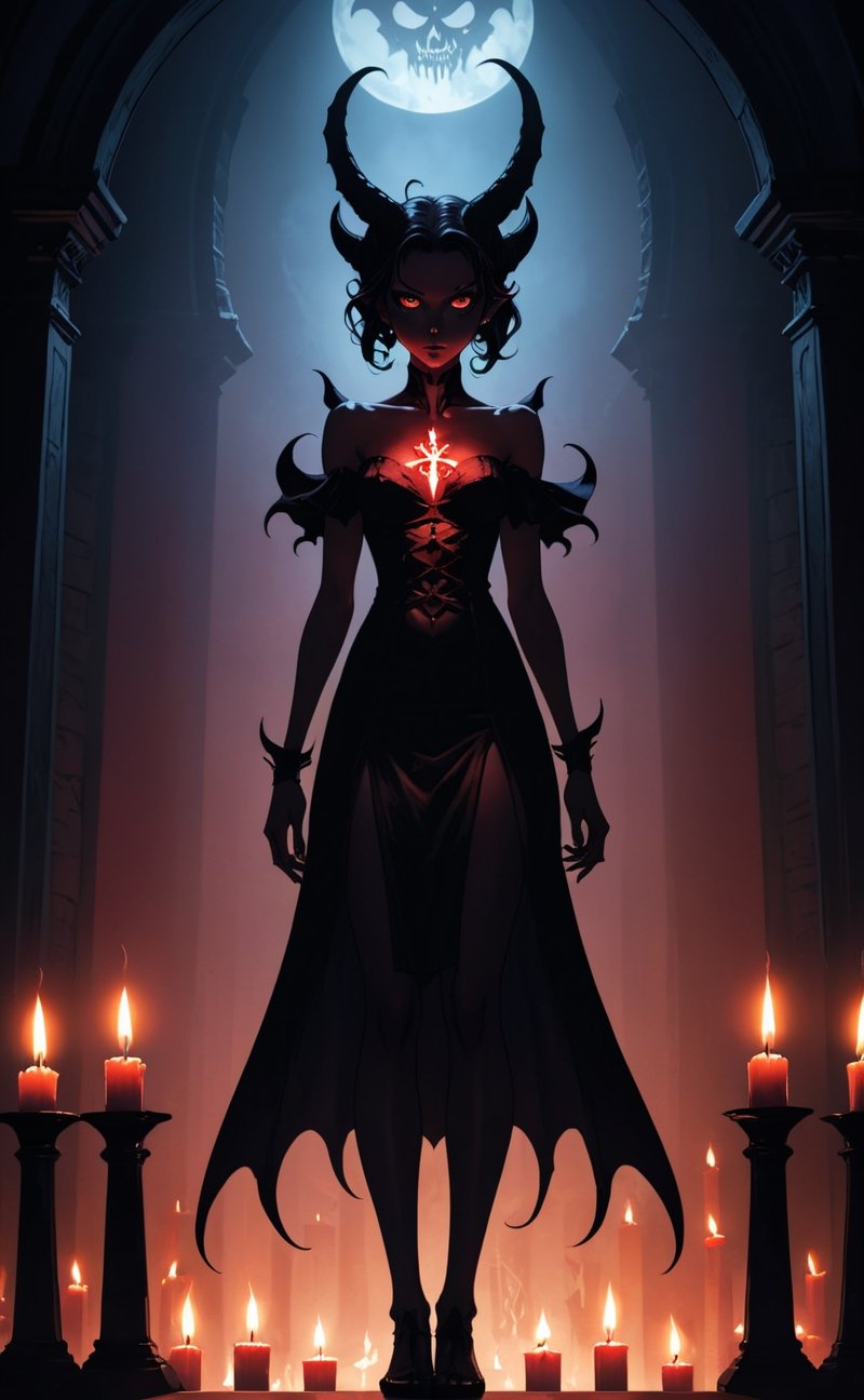 An eerie demon girl, her silhouette illuminated by flickering candlelight, standing within the sinister ambiance of a satanic temple,
dark fantasy style,
vividly expressive comic book art with high-definition toon-shaded cel anime aesthetics, meticulously hand-crafted 2D manual illustration, featuring striking bold black outlines for dynamic subject-background isolation