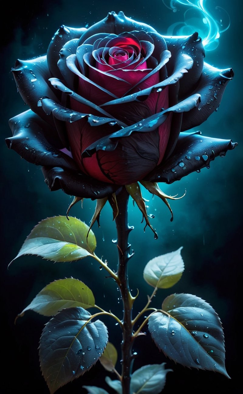 An ominous, bioluminescent rose unfurls its sinister, blackened petals. They exude toxic, glowing radiance, dripping with viscous goo, while dark energy oozes from within.