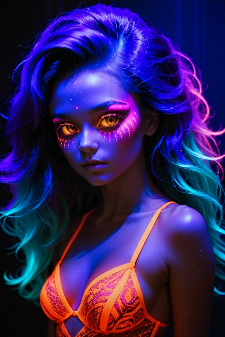 blacklight makeup a vibrant portrait of a confident young woman, set in a dimly lit, mysterious room with deep purples, blues, and an otherworldly blacklight glow, featuring neon and fluorescent colors, ethereal luminescence, surreal blacklight-inspired elements, a stylish outfit with glowing elements, and flowing hair, all centered to emphasize her presence