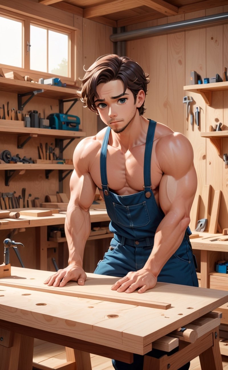 a man leaning on a carpenter's table in a wood shop, perfect anatomy, he is sexy, nsfw, carpentry tools, plywood, flat artwork 2d illustration, anime, chibi, contour, cel-shading, thick outlines