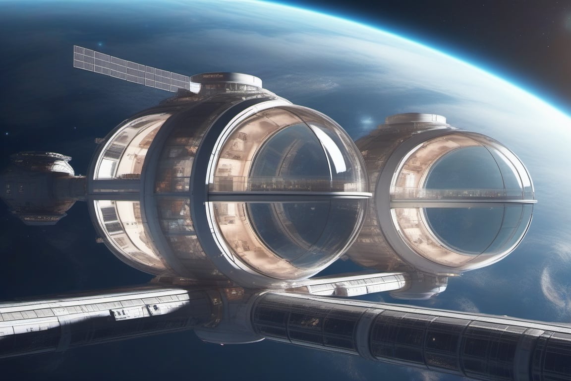 Habitation modules with glass domes of huge ring space station in orbit, trending on artstation, concept art, hyper realistic, cinestill, ultra detailed, 4k, 8k