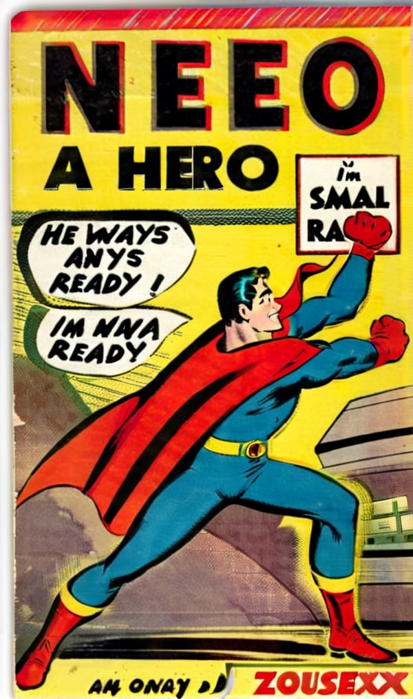 i need a hero!:0.5,
he says "I'm always ready!":0.6,
"ZeusEX Comic" small logo:0.4, "5$ only",
VintageMagStyle