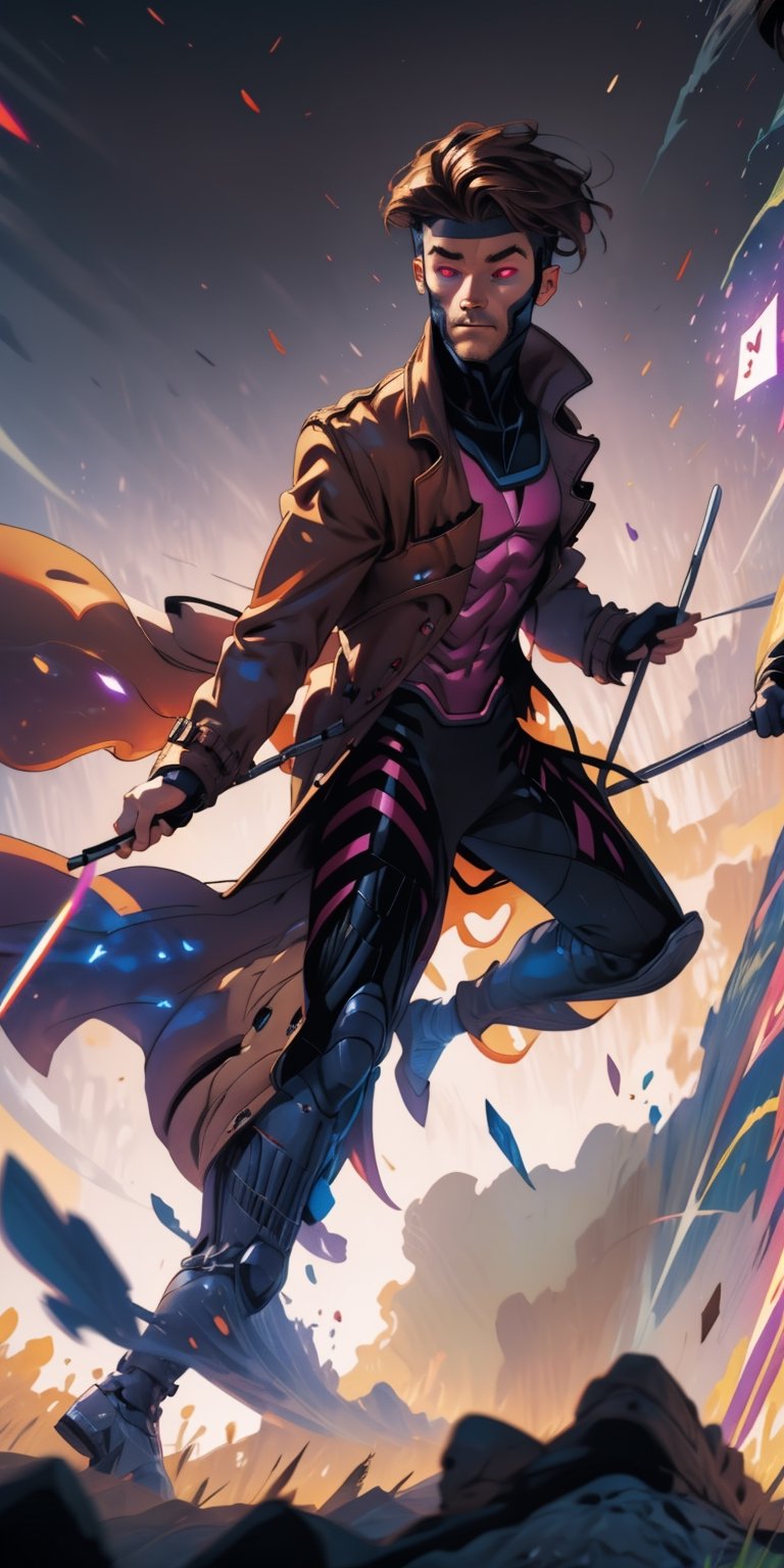 Gambit, Le Diablo Blanc, Remy Lebeau,  holding,weapon, bo staff, very tall, realistic legs movement, holding weapon, coat with realistic movement, glowing, glowing eyes, card, trench coat, magic, specular highlights, ((high speed moves, visible air traces)), fast paced dynamic scene, 60fps, Marvel, Capcom, Ufotable, realistic holding staff movement, realistic throwing cards movement, realistic legs movement, realistic Gambit face head and hair movement, realistic clothes with exceptional dynamic movement, light motion blur, 3d, motiontrail,High detailed , gravity bending, fisheye lenses effect, reality distortion