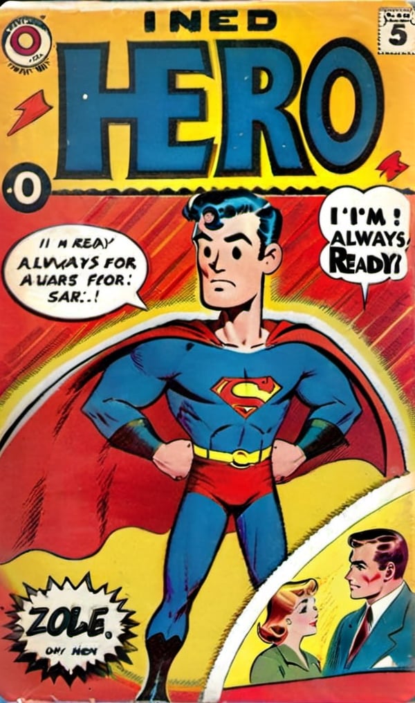 i need a hero!:0.5,
he says "I'm always ready!":0.6,
"ZeusEX Comic" small logo:0.4, "5$ only",
VintageMagStyle