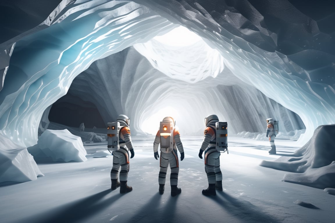 photo realistic space explorers standing in massive ice cave, volumetric lighting