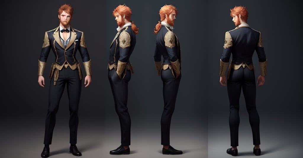 (ultra best high quality):1.3, multiple views:1.2, head and full body short of a magic ginger male bard with realistic long ginger sideburns and facial hair with intricate bard fluffy male clothes, ((full height):1.2), sharp character multi-focus, ultra detailed, high res, absurdres, very well drawn face, (perfect symmetry, flawless anatomy):1.3, multiple angles, realistic turning around posing,  very well drawn scene, very well drawn human body, matte, colorful, ,charturnbetalora