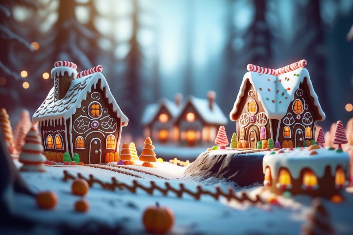 closeup of miniature gingerbread candy village, colorful, fantasy, fairytale, forest, halloween, snow, bokeh, depth of field 1 0 0 mm, cinematic scene, studio quality, unreal engine, octane render, trending on artstation,ZilleAI