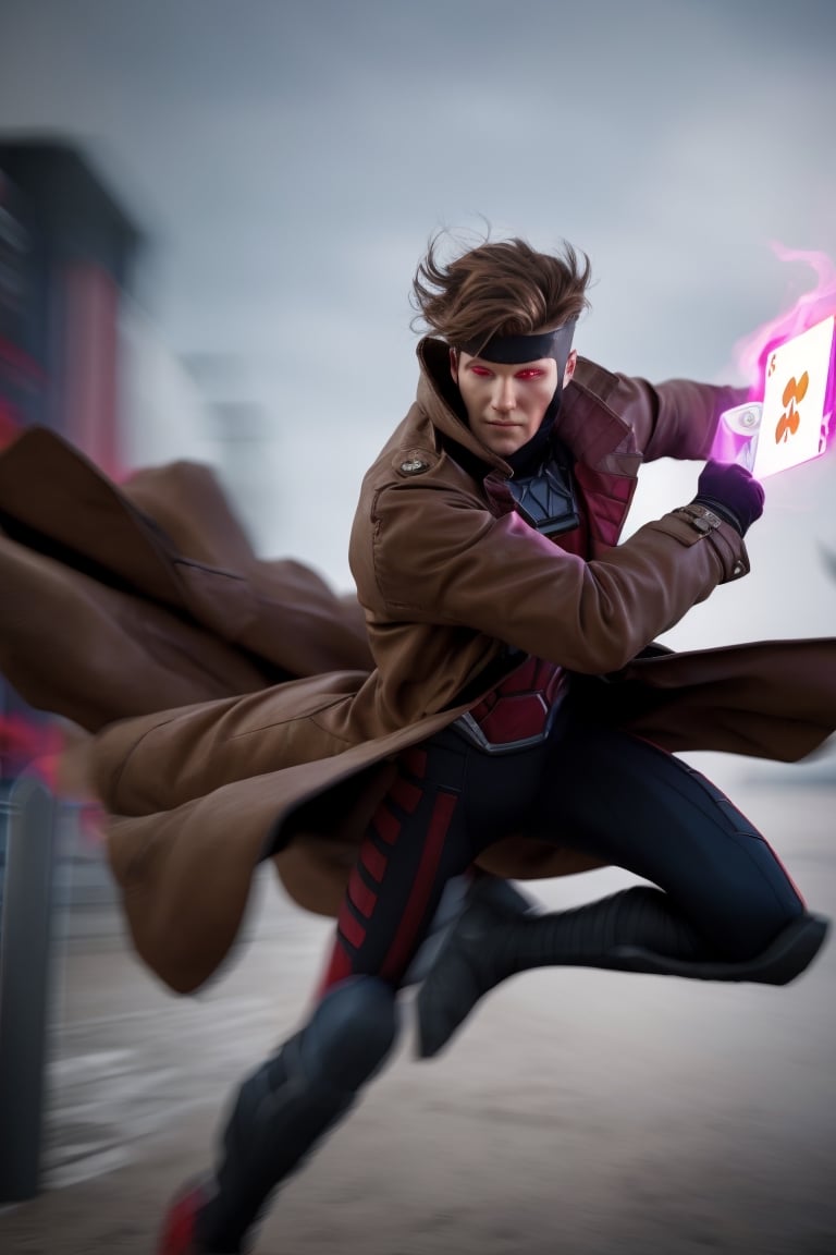 Gambit, Le Diablo Blanc, Remy Lebeau,  holding,weapon, bo staff,  holding weapon, coat, glowing, glowing eyes, card, trench coat, magic, specular highlights, ((high speed moves, visible air traces)), fast paced dynamic scene, 60fps, Marvel, Capcom, Ufotable, realistic holding staff movement, realistic throwing cards movement, realistic legs movement, realistic Gambit face head and hair movement, realistic clothes with exceptional dynamic movement, light motion blur, 3d, motiontrail