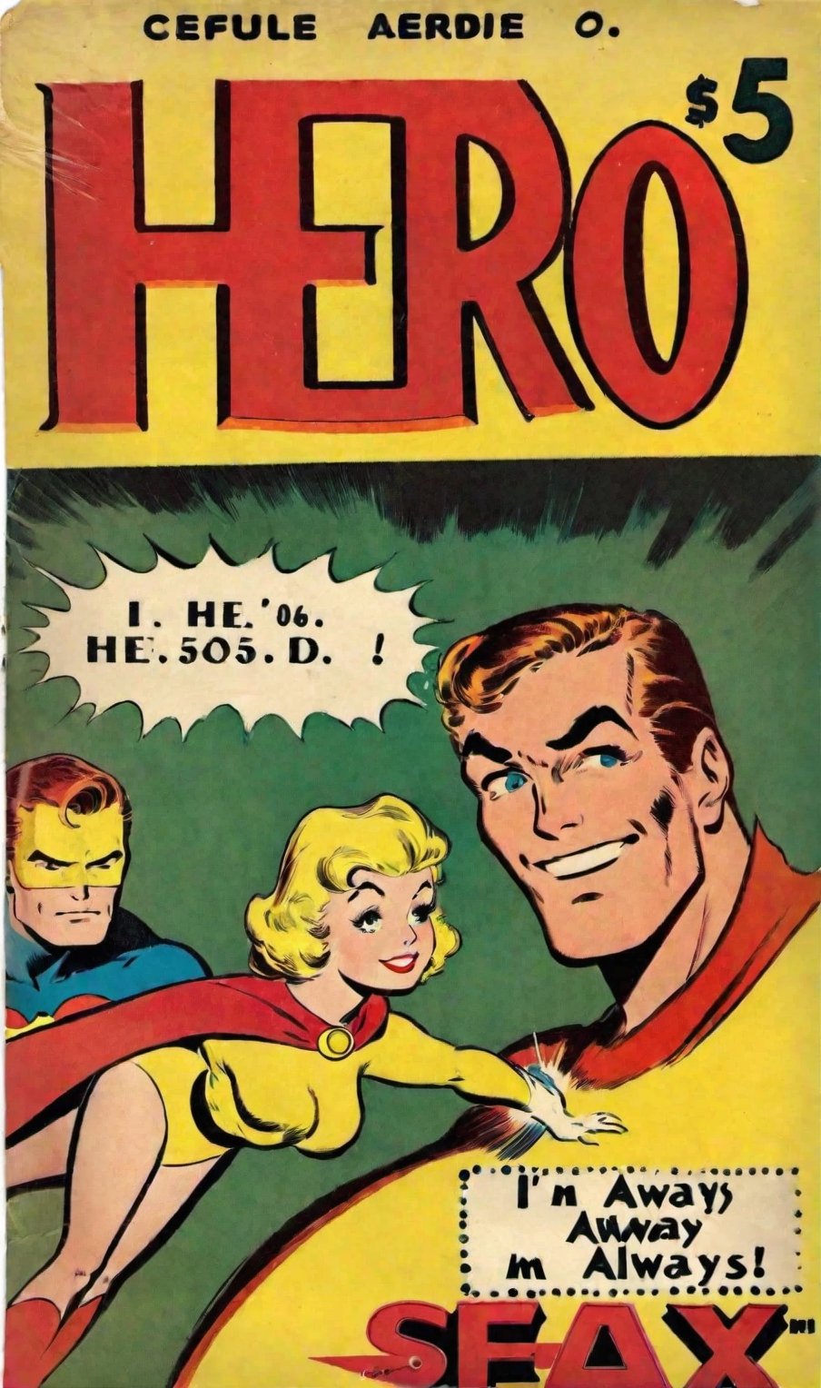 i need a hero!:0.5,
he says "I'm always ready!":0.6,
"ZeusEX Comic" small logo:0.4, "5$ only",
VintageMagStyle