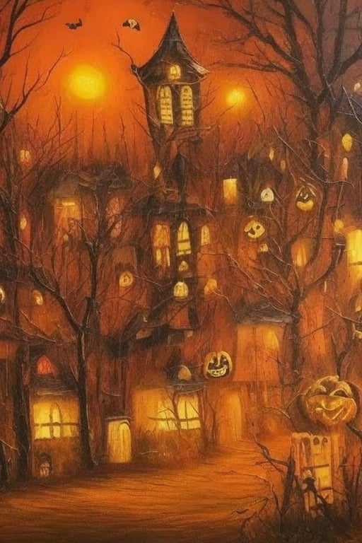a hyperrealistic painting of a haunted autumn night village with halloween decorations invasion