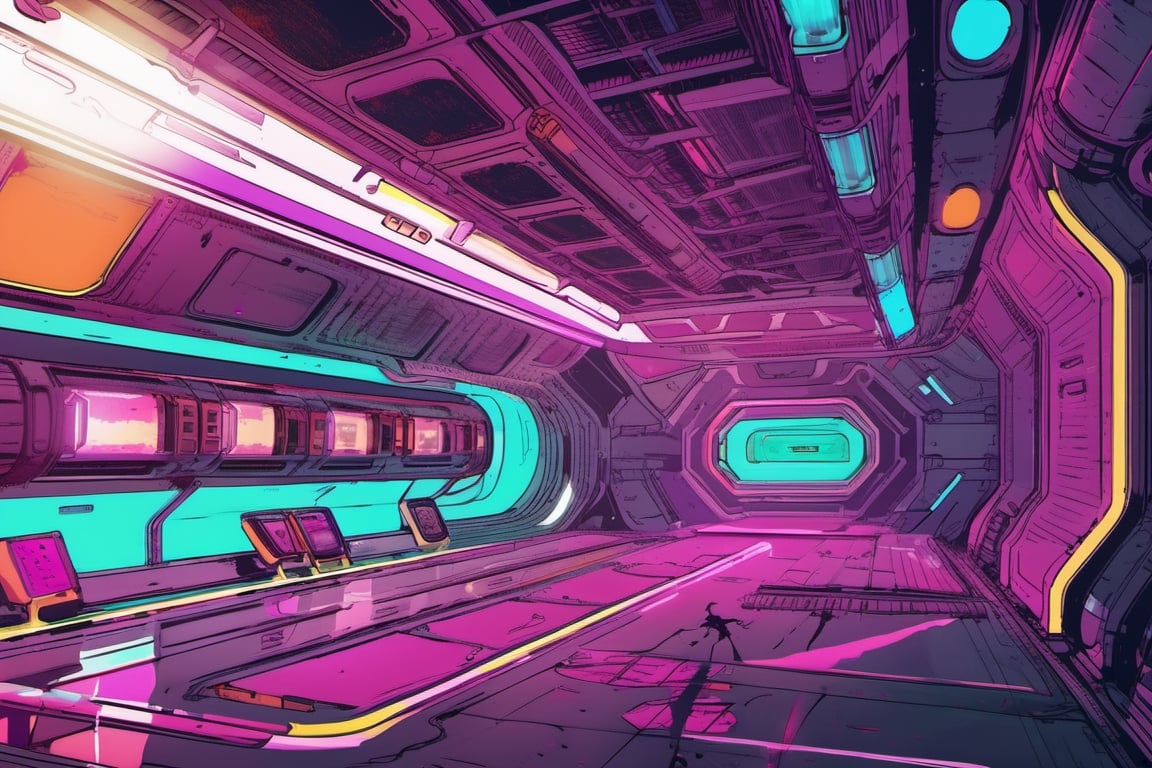 !dream arriving on a derelict space station, cinestill, ominous, epic, wonderfully colorful, illustration, ink lines, accurate, weird, neon ink, clean, minimal,  octane render