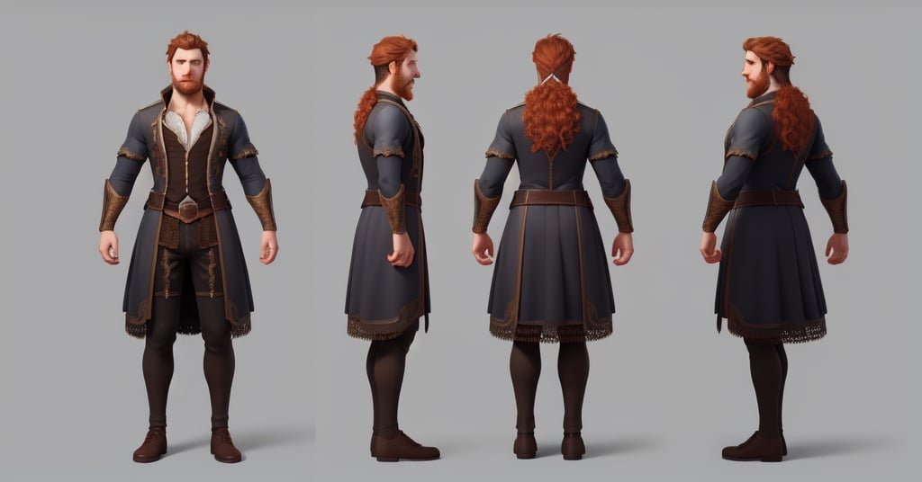 (ultra best high quality):1.3, multiple views:1.2, head and full body short of a magic ginger male bard with realistic long ginger sideburns and facial hair with intricate bard fluffy male clothes, ((full height):1.2), sharp character multi-focus, ultra detailed, high res, absurdres, very well drawn face, (perfect symmetry, flawless anatomy):1.3, multiple angles, realistic turning around posing,  very well drawn scene, very well drawn human body, matte, colorful, ,charturnbetalora